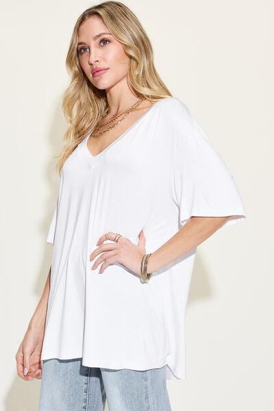 Basic Bae Full Size Bamboo V Neck Drop Shoulder T Shirt - Chic Yana's Fashion