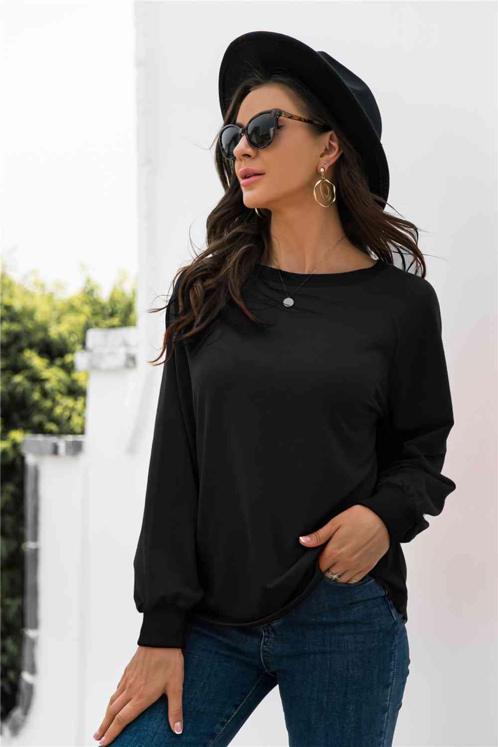 Round Neck Raglan Sleeve Sweatshirt - Chic Yana's Fashion