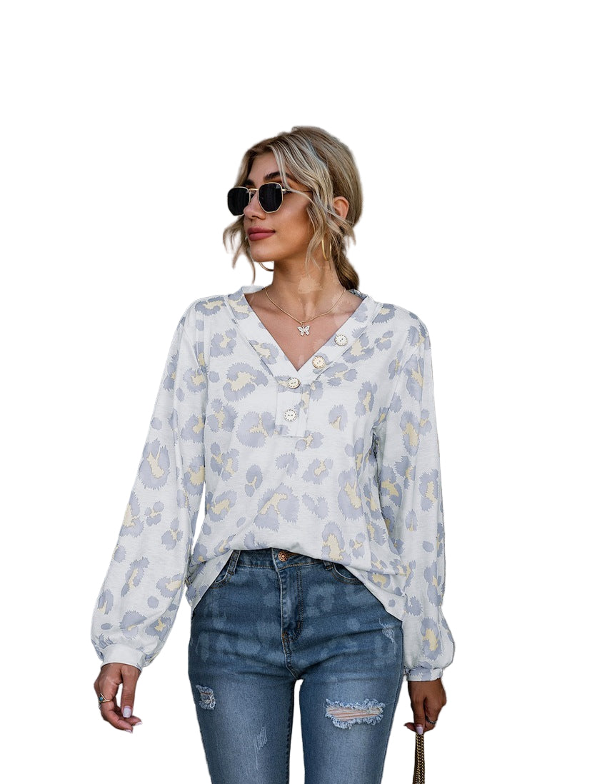 Chic Yana Fashion Leopard Print V-Neck Long Sleeve Women's T Shirt