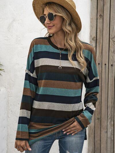 Full Size Striped Round Neck Long Sleeve T Shirt Plus Size - Chic Yana's Fashion