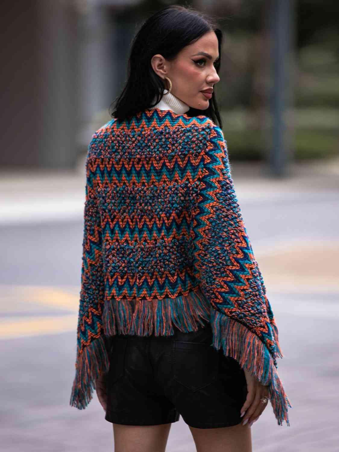 Shiny Fringe Hem Boat Neck Poncho - Chic Yana's Fashion