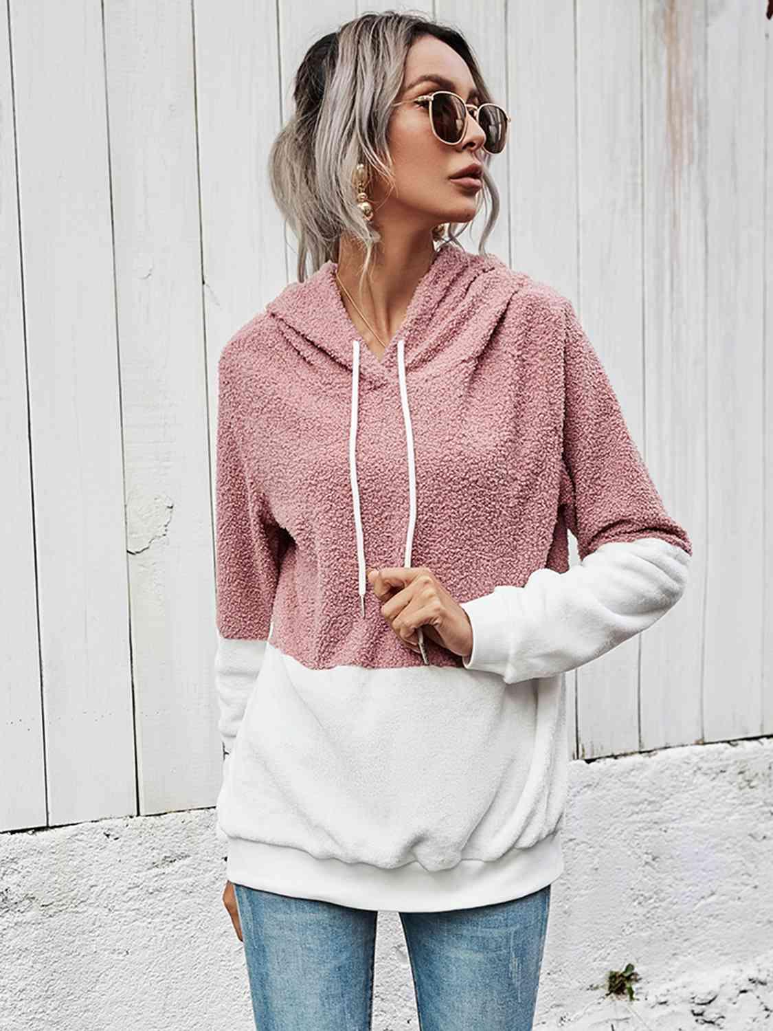 Shiny Contrast Drawstring Long Sleeve Hoodie - Chic Yana's Fashion