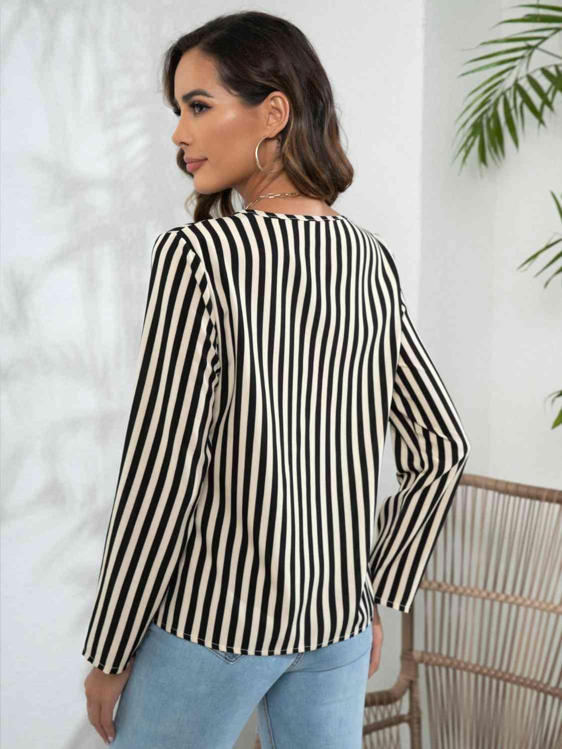 Striped Long Sleeve Notched Blouse - Chic Yana's Fashion