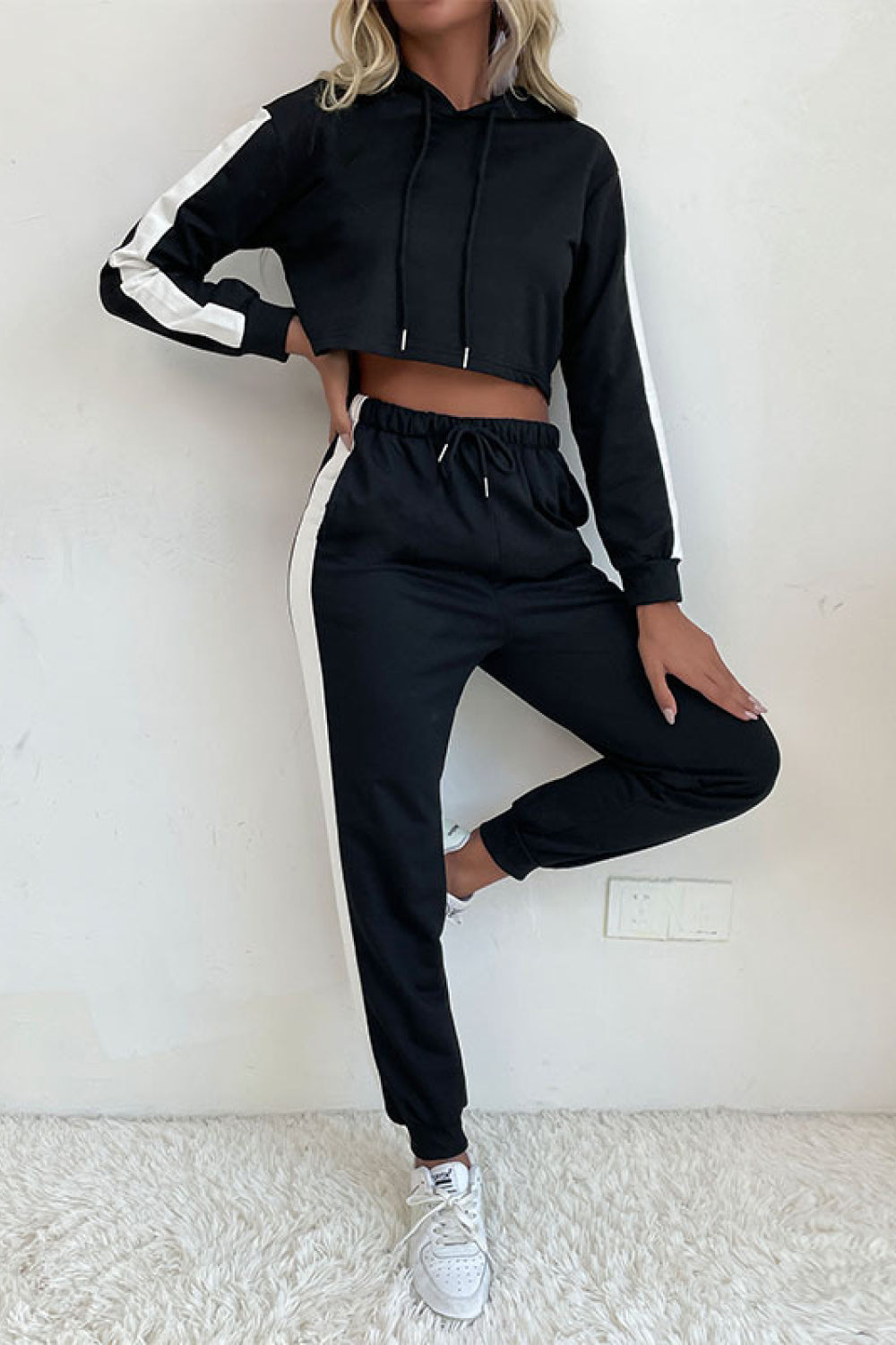 Perfee Side Stripe Cropped Hoodie and Jogger Set – stylish women's fashion from Chic Yana's Fashion