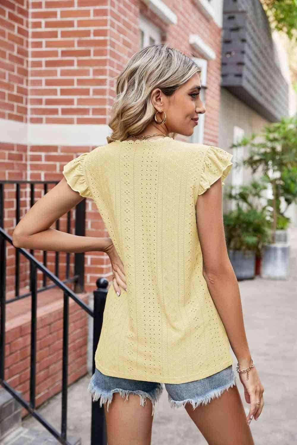 Eyelet Flutter Sleeve Scalloped V Neck Top - Chic Yana's Fashion