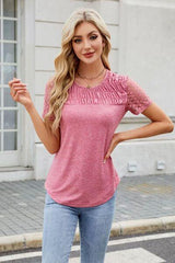 Smocked Round Neck Short Sleeve T Shirt 1 - Chic Yana's Fashion