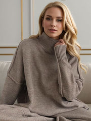 Slit Turtleneck Long Sleeve Top And Pants Sweater Set - Chic Yana's Fashion