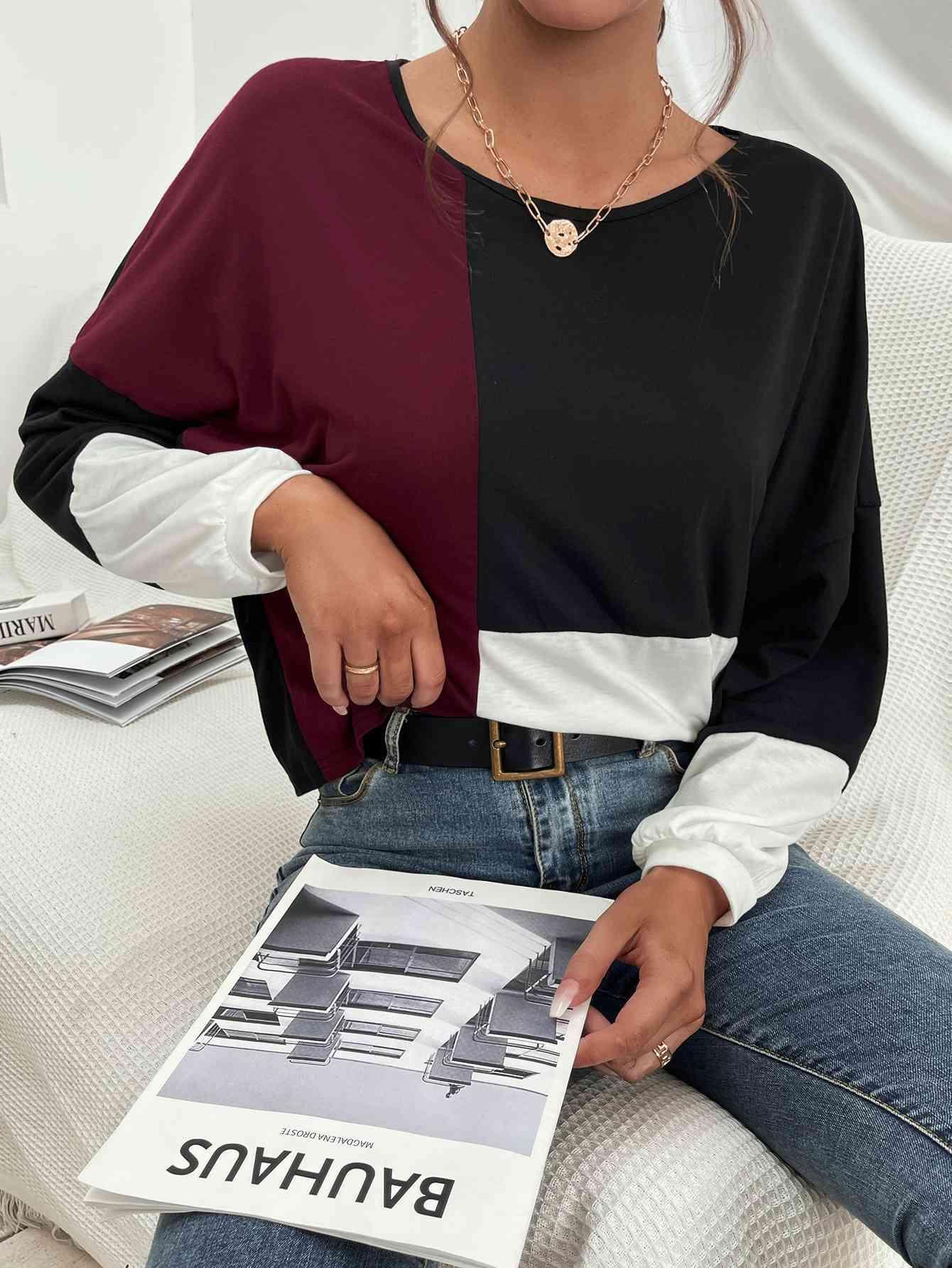 Ivy Lane Three Tone Color Block Dropped Shoulder Long Sleeve Tee - Chic Yana's Fashion