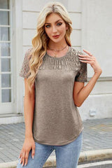 Smocked Round Neck Short Sleeve T Shirt 2 - Chic Yana's Fashion