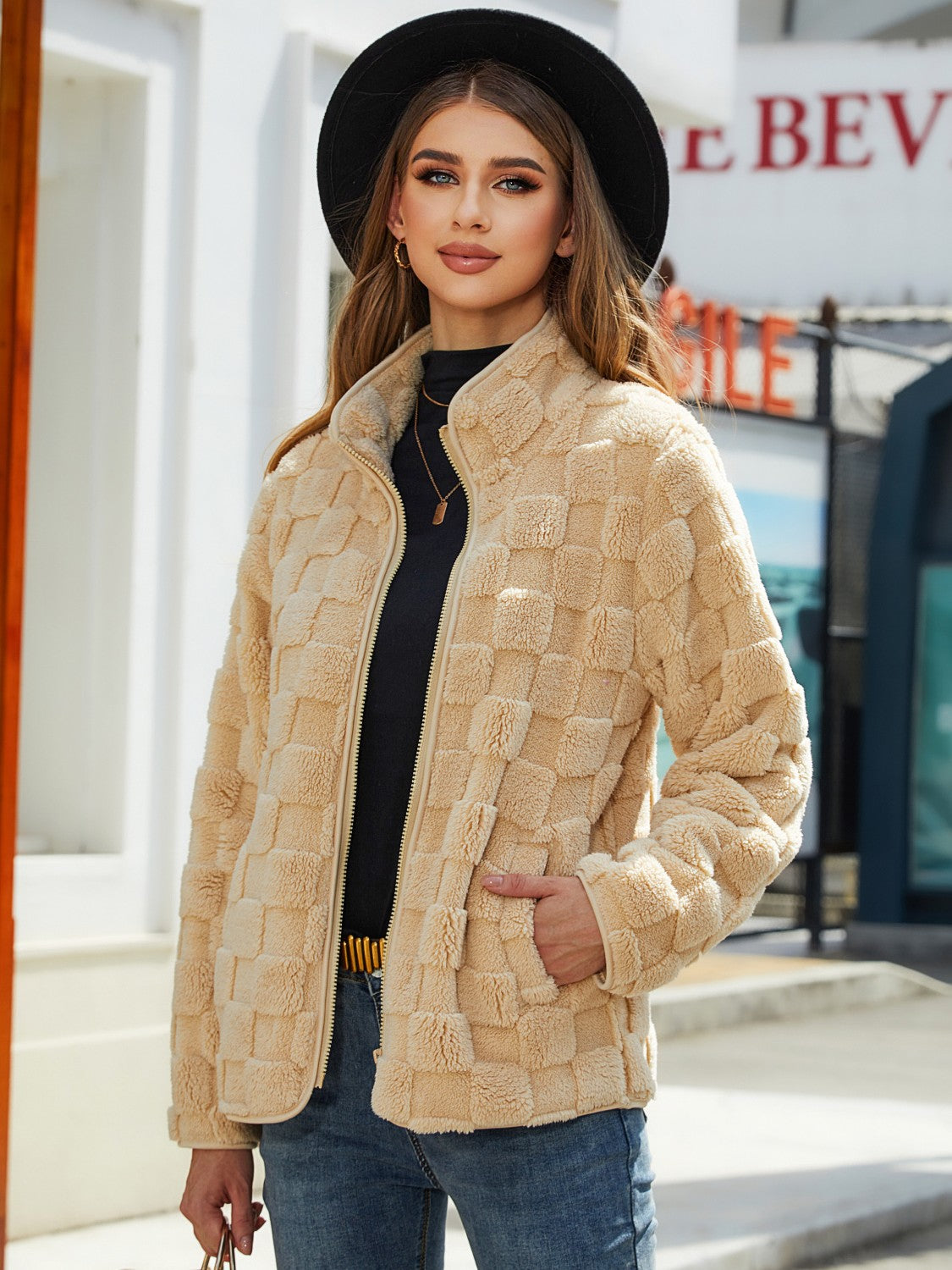 Fuzzy Checkered Zip Up Jacket - Chic Yana’s Fashion
