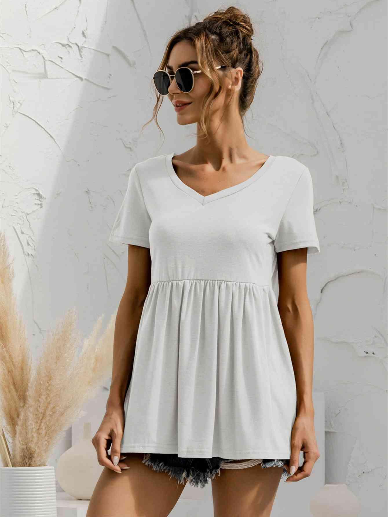 V Neck Short Sleeve Babydoll Top - Chic Yana's Fashion