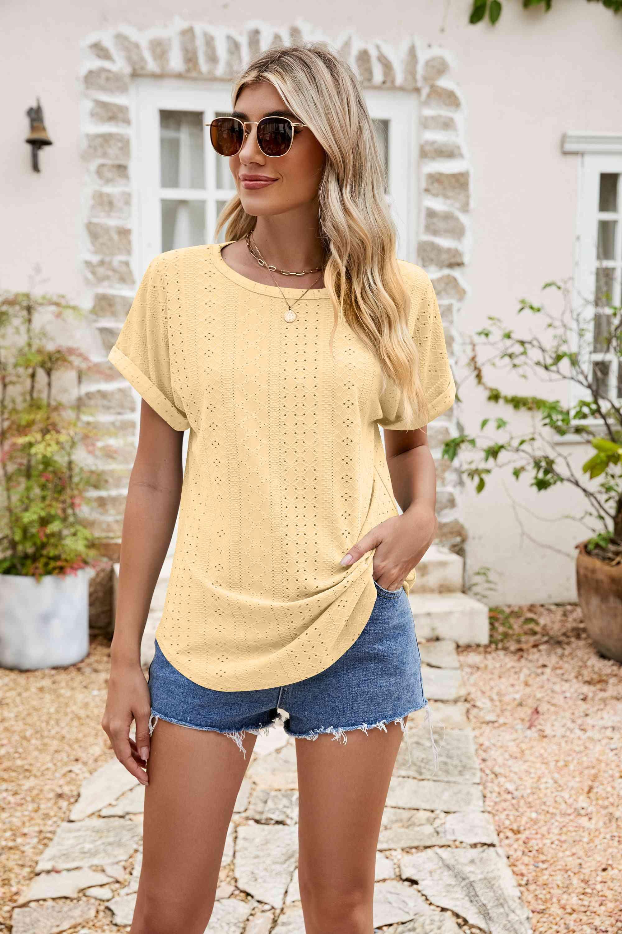 Full Size Round Neck Eyelet Short Sleeve Top - Chic Yana's Fashion