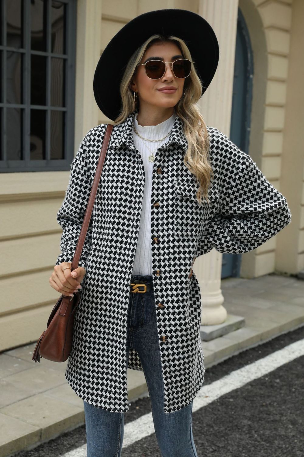 Houndstooth Button Up Dropped Shoulder Coat - Chic Yana’s Fashion