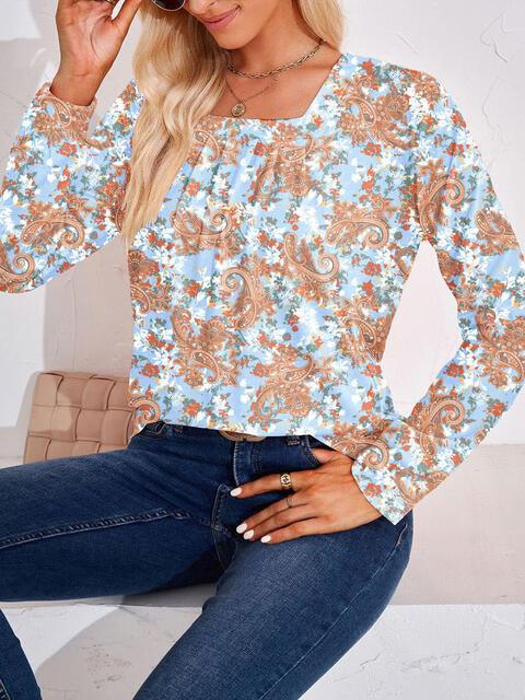 Full Size Square Neck Long Sleeve Blouse - Chic Yana's Fashion