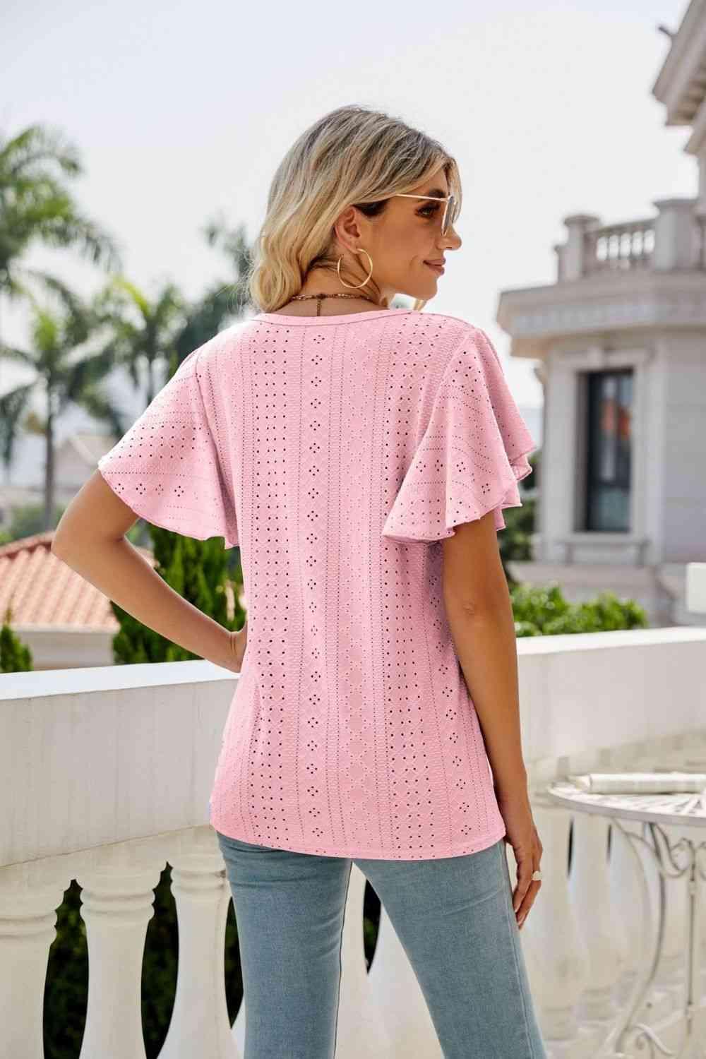 Eyelet Flutter Sleeve Round Neck Top - Chic Yana's Fashion