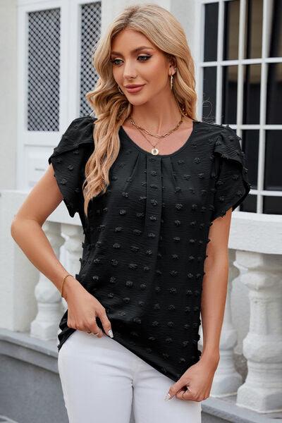 Swiss Dot Round Neck Petal Sleeve Blouse - Chic Yana's Fashion