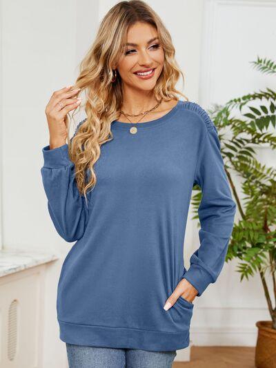 Ruched Shoulder Round Neck Long Sleeve Sweatshirt - Chic Yana's Fashion