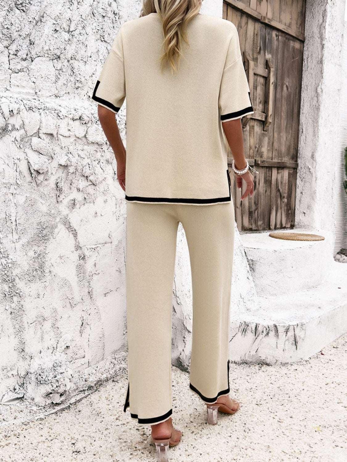 Devine Contrast Trim Round Neck Top and Pants Set – Chic Yana’s Fashion