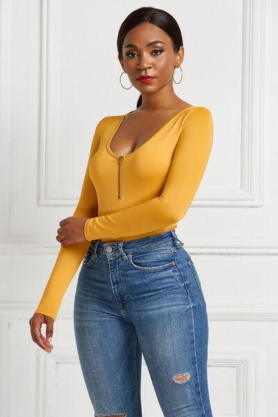 Half Zip Scoop Neck Long Sleeve Bodysuit - Chic Yana's Fashion