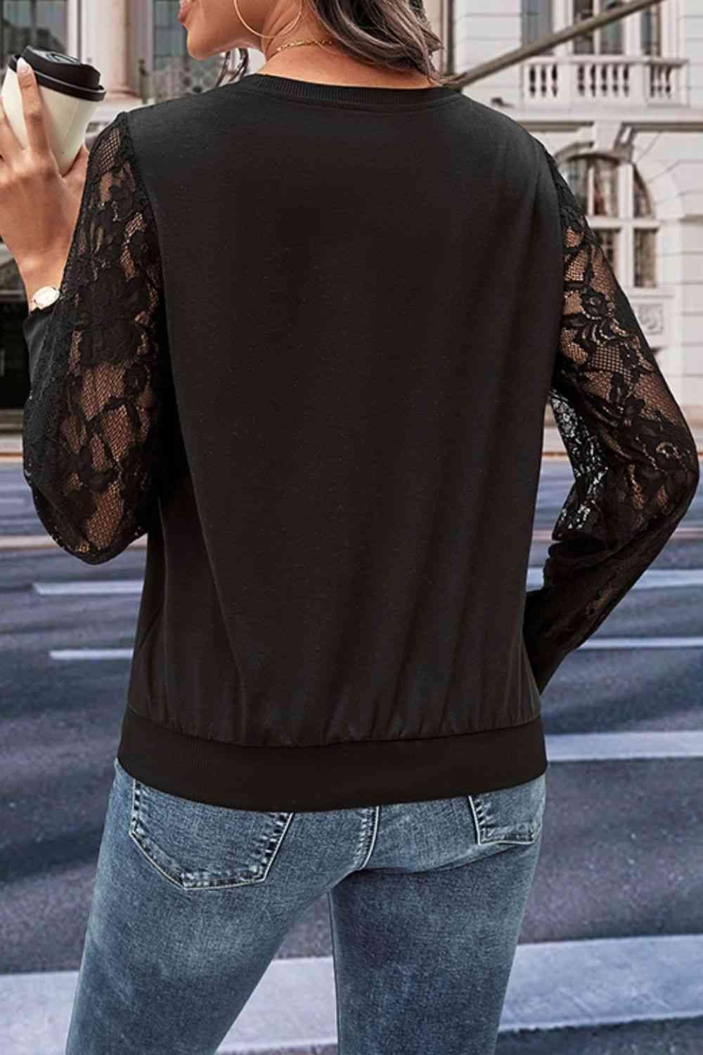 Perfee Round Neck Lace Trim Long Sleeve Sweatshirt - Chic Yana's Fashion