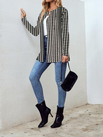 Houndstooth Open Front Long Sleeve Jacket - Chic Yana's Fashion