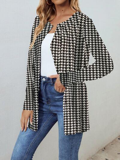 Houndstooth Open Front Long Sleeve Jacket - Chic Yana's Fashion