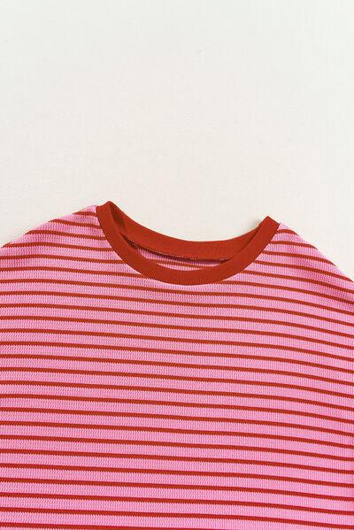 Contrast Striped Round Neck Short Sleeve T Shirt - Chic Yana's Fashion