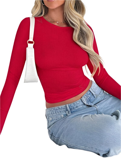 Solid Color Round Neck Long Sleeve T Shirt - Chic Yana's Fashion