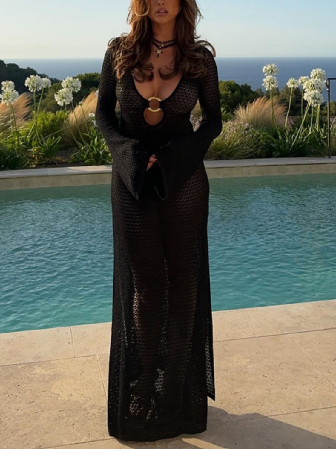 Slit Plunge Flare Sleeve Cover Up Dress 1 - Stylish and Trendy Women's Fashion from Chic Yana's Fashion