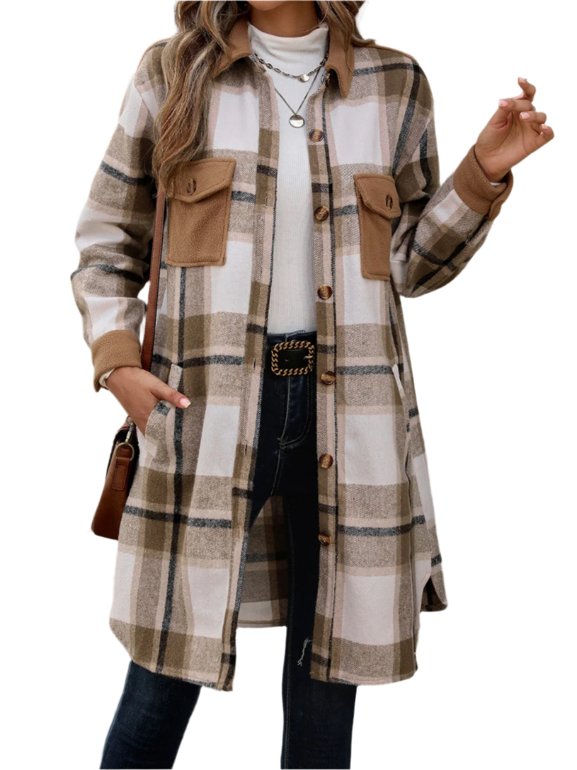 Perfee Plaid Button Up Long Sleeve Coat - Chic Yana’s Fashion