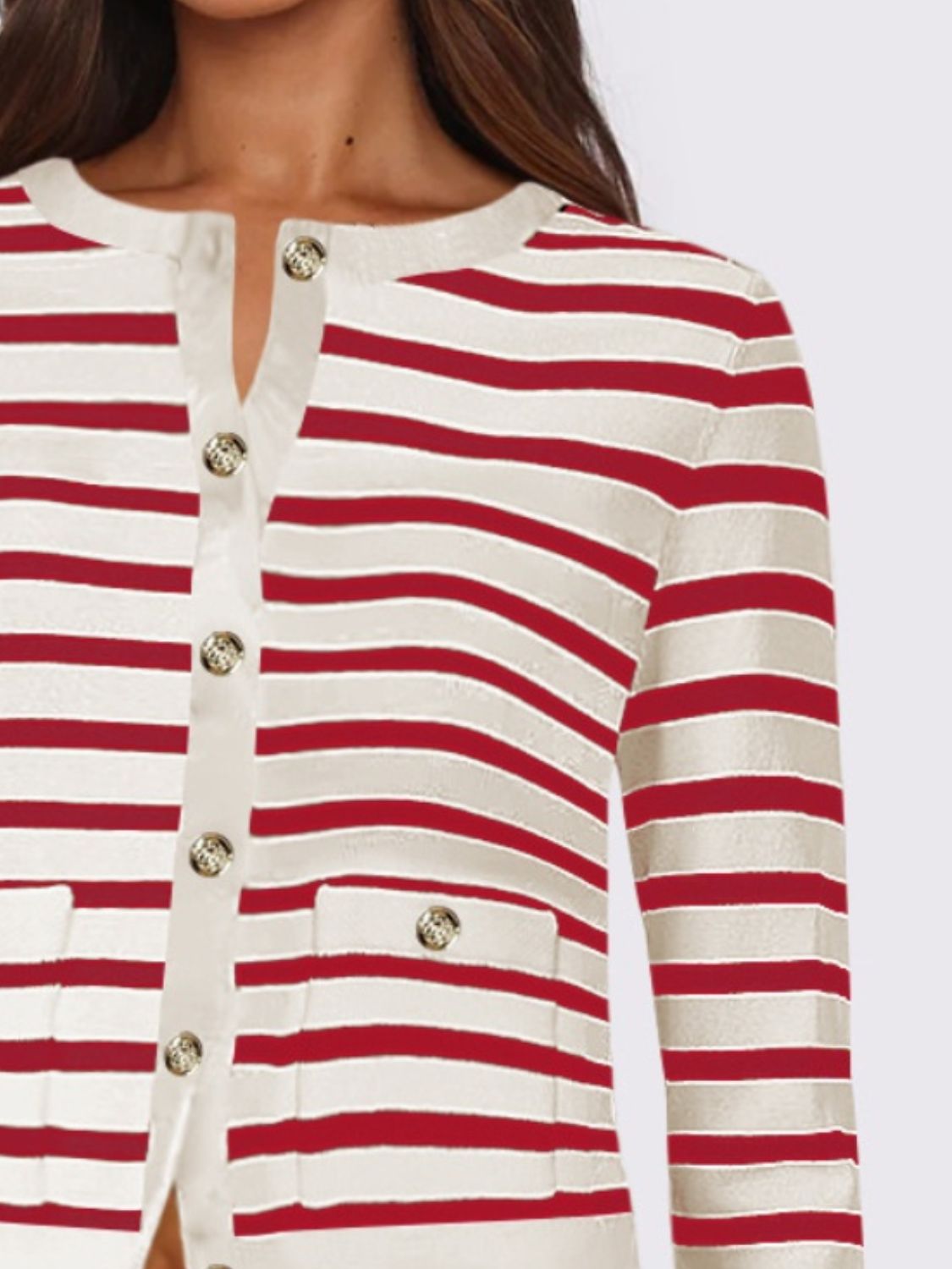 Striped Round Neck Button Up Long Sleeve Cardigan - Chic Yana’s Fashion