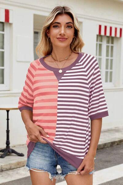 Striped Round Neck Half Sleeve T Shirt - Chic Yana's Fashion