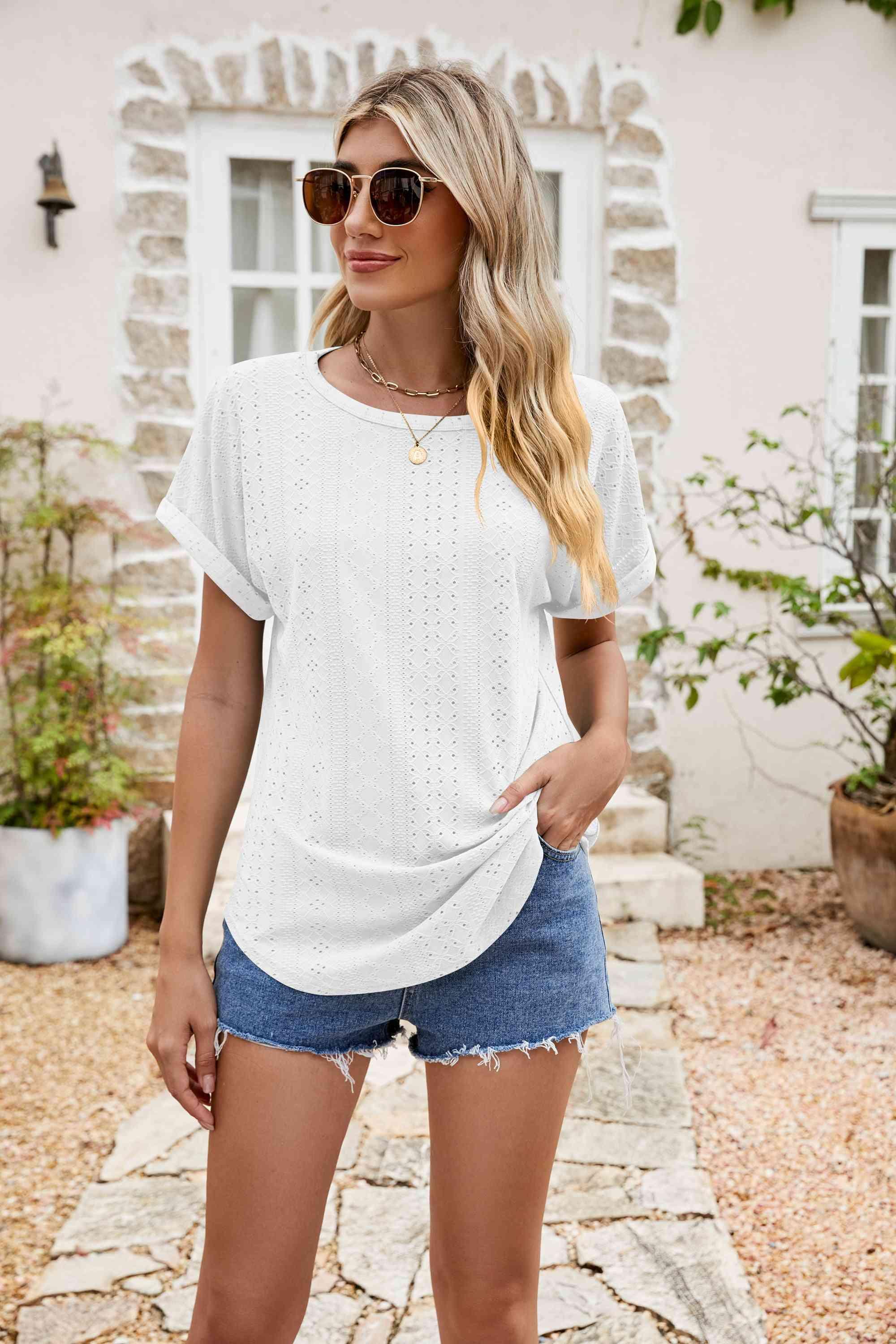 Full Size Round Neck Eyelet Short Sleeve Top - Chic Yana's Fashion