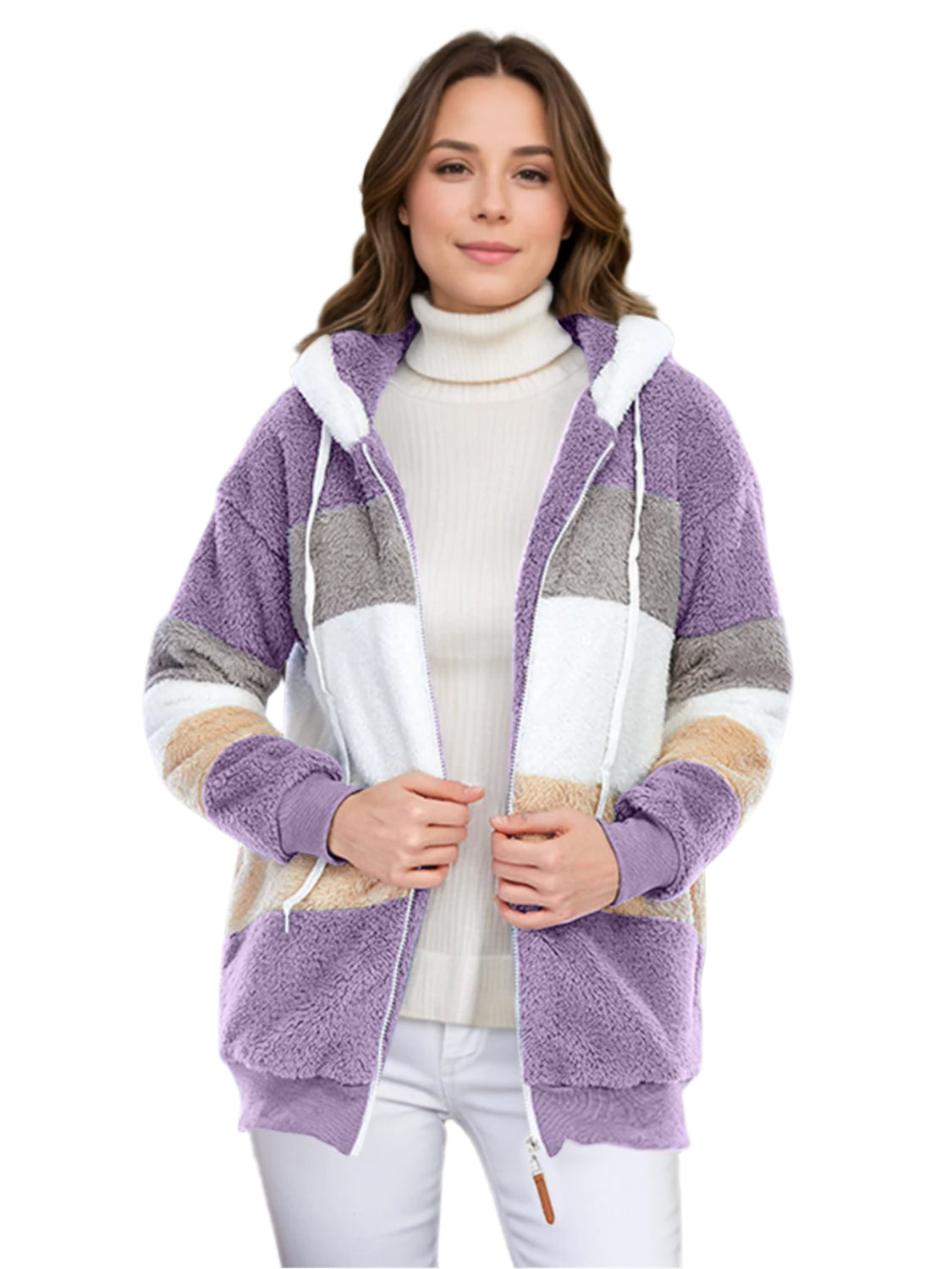 Full Size Drawstring Color Block Zip Up Hooded Outerwear - Chic Yana’s Fashion