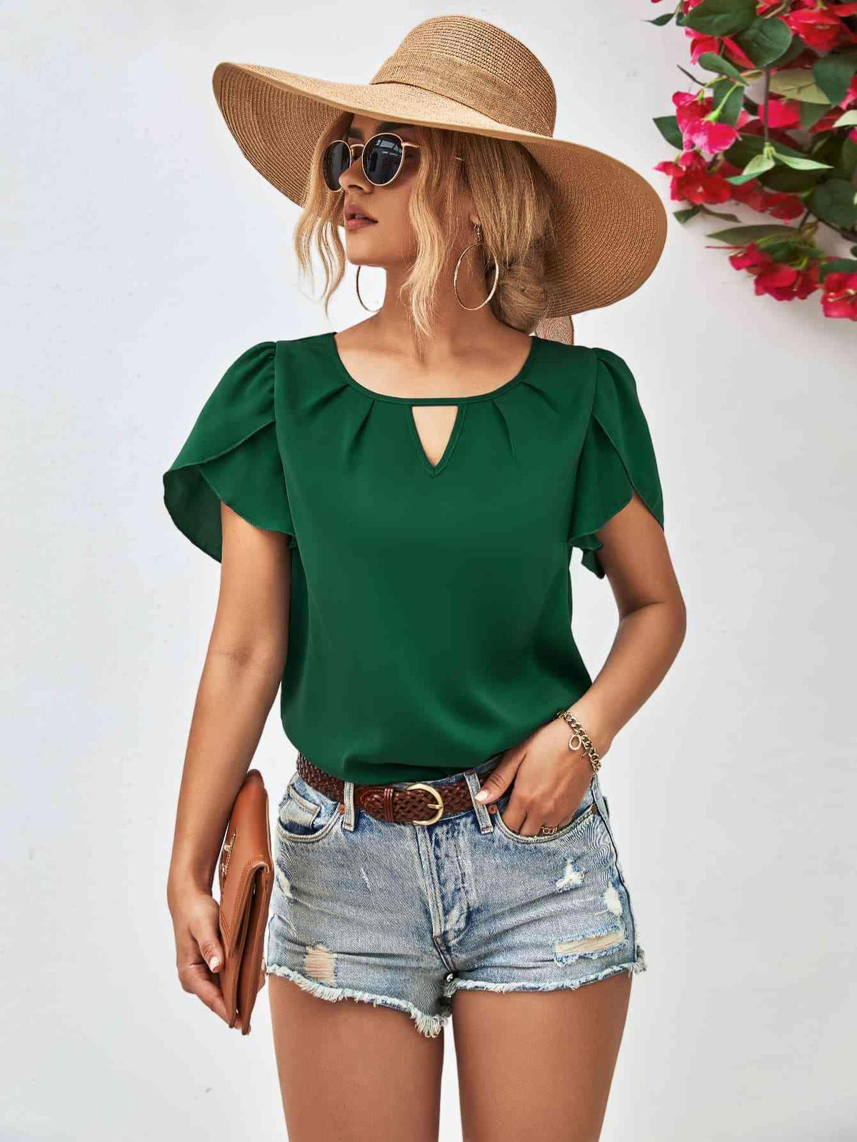 Cutout Round Neck Petal Sleeve Blouse - Chic Yana's Fashion