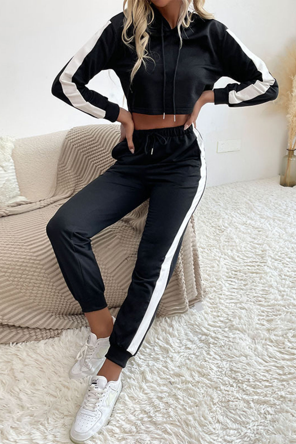 Perfee Side Stripe Cropped Hoodie and Jogger Set – stylish women's fashion from Chic Yana's Fashion