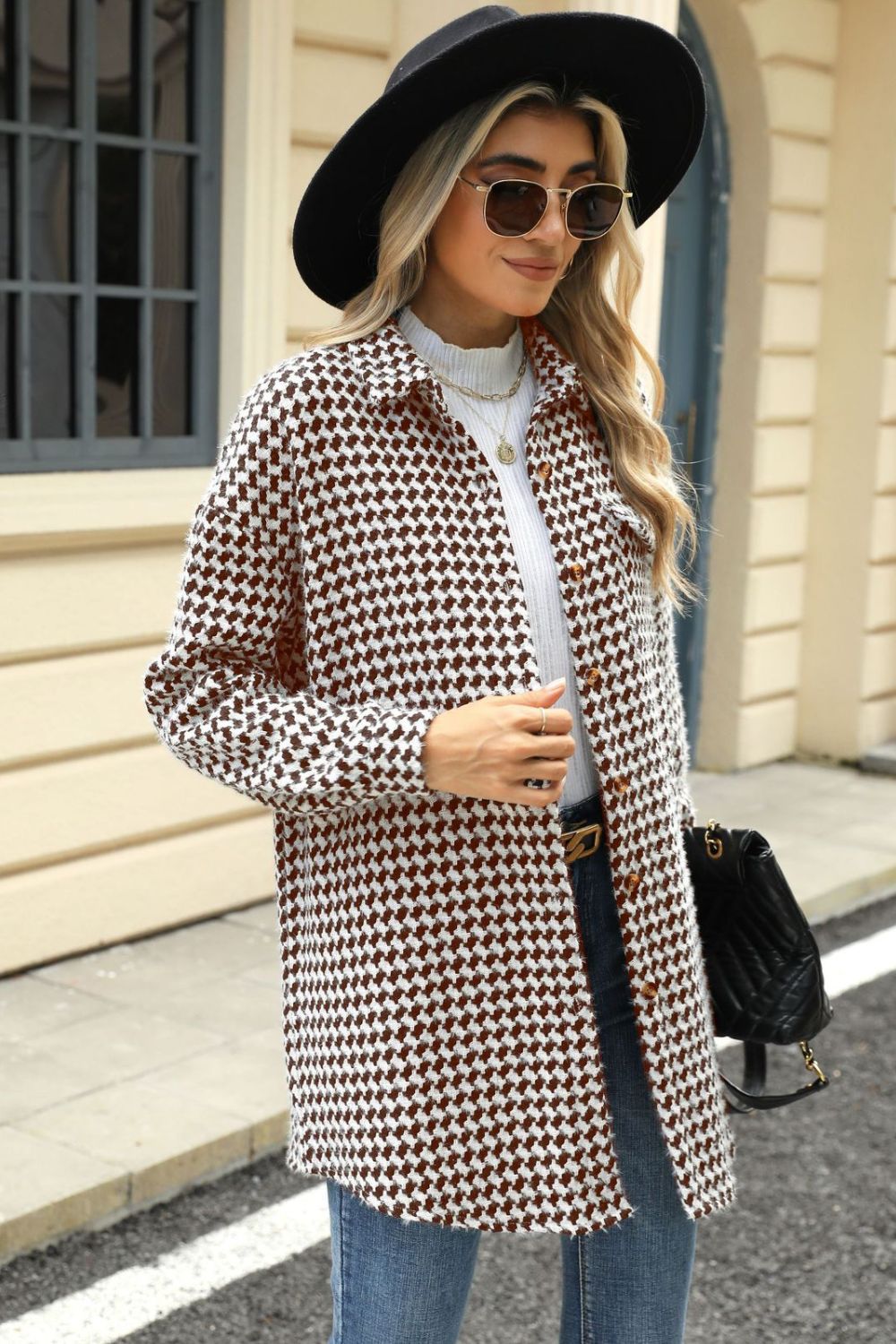 Houndstooth Button Up Dropped Shoulder Coat - Chic Yana’s Fashion