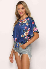 Shiny Floral Tie Hem Flounce Sleeve Top - Chic Yana's Fashion