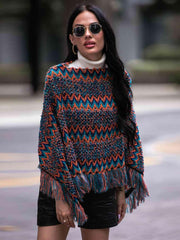 Shiny Fringe Hem Boat Neck Poncho - Chic Yana's Fashion