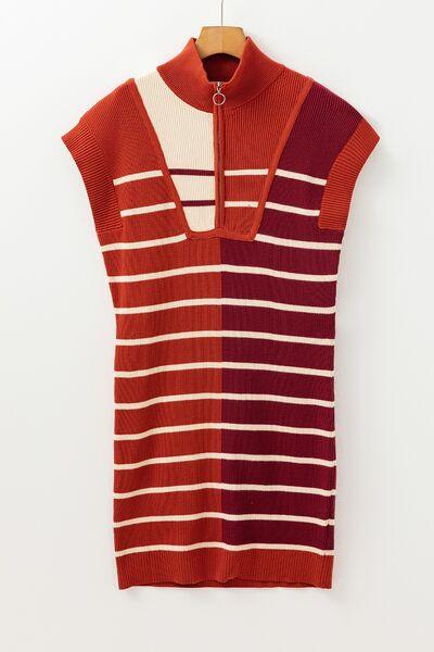 Striped Quarter Zip Cap Sleeve Sweater Dress - Chic Yana's Fashion