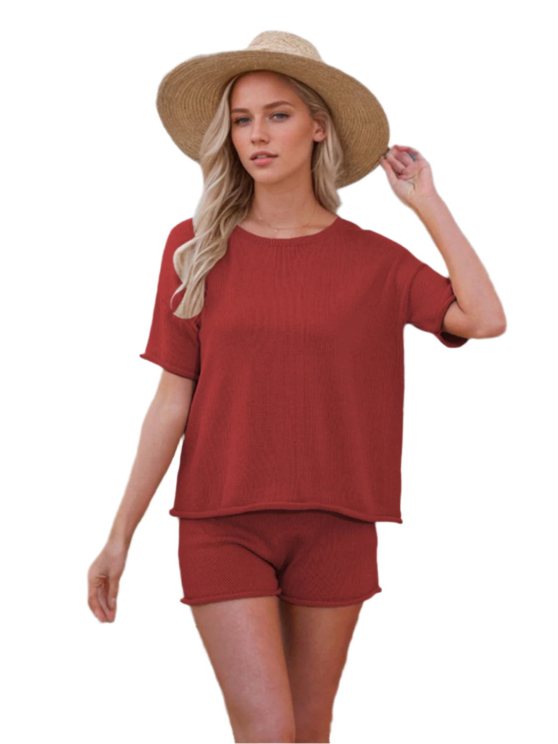 Round Neck Short Sleeve Top and Shorts Sweater Set - Shop Now at Chic Yana's Fashion