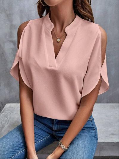 Notched Cold Shoulder Half Sleeve Blouse - Chic Yana's Fashion