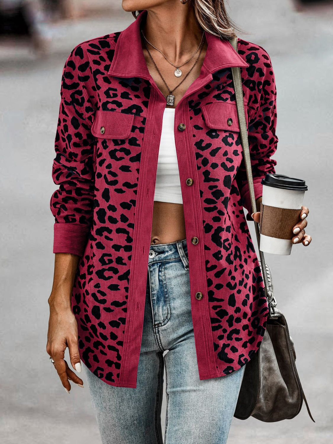 Flattering fit and modern design make the Full Size Leopard Collared Neck Button Up Long Sleeve Jacket a standout piece.