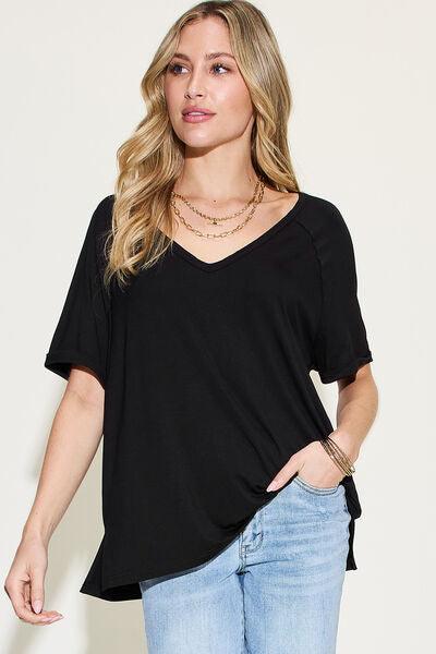 Basic Bae Full Size Bamboo Slit V Neck Short Sleeve T Shirt - Chic Yana's Fashion