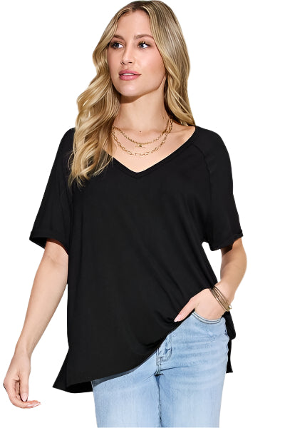 Basic Bae Full Size Bamboo Slit V Neck Short Sleeve T Shirt - Chic Yana's Fashion