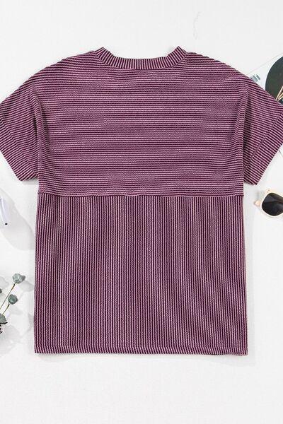 Corded Knit Mock Neck Short Sleeve T Shirt - Chic Yana's Fashion