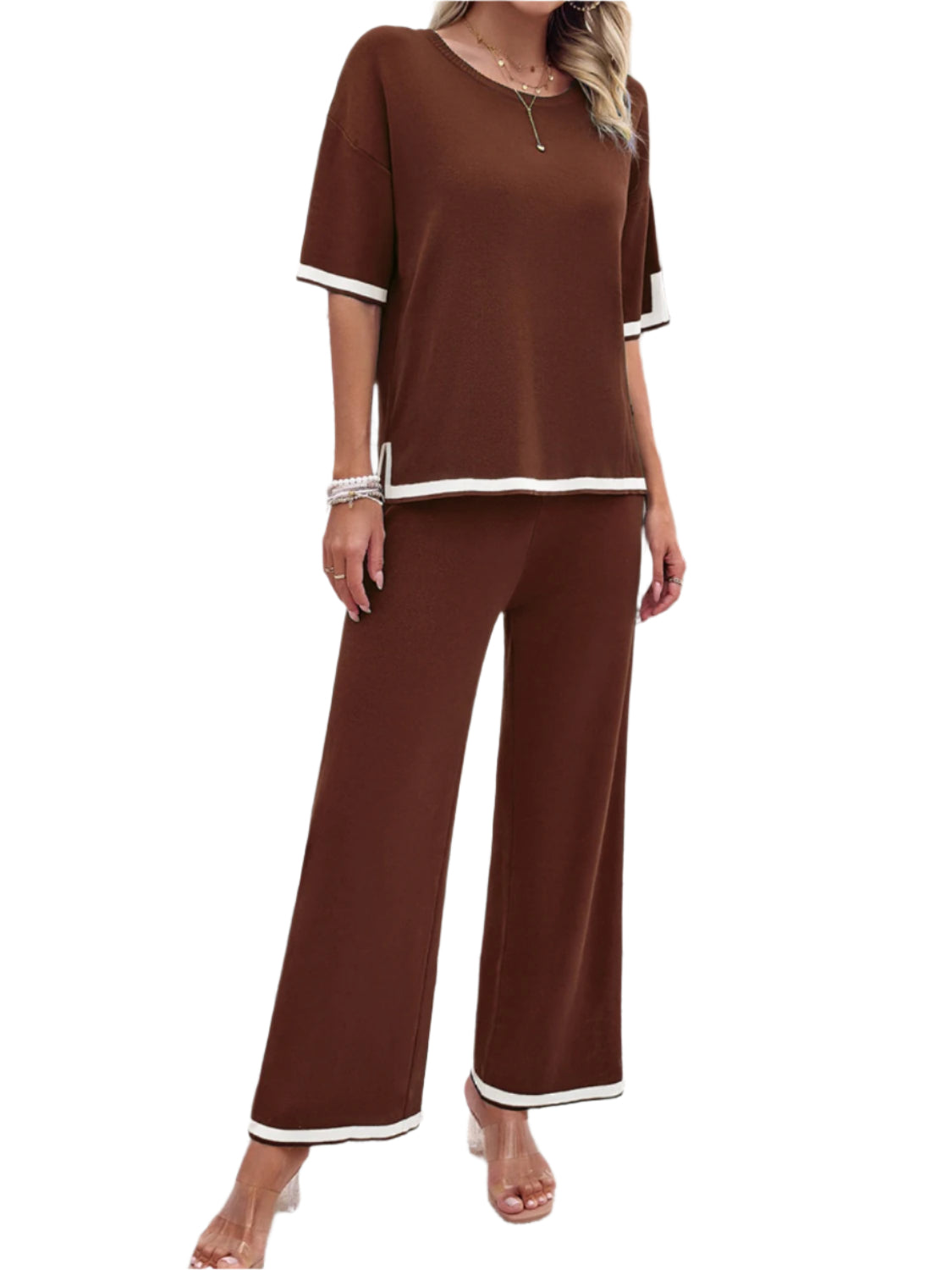 Devine Contrast Trim Round Neck Top and Pants Set – Chic Yana’s Fashion