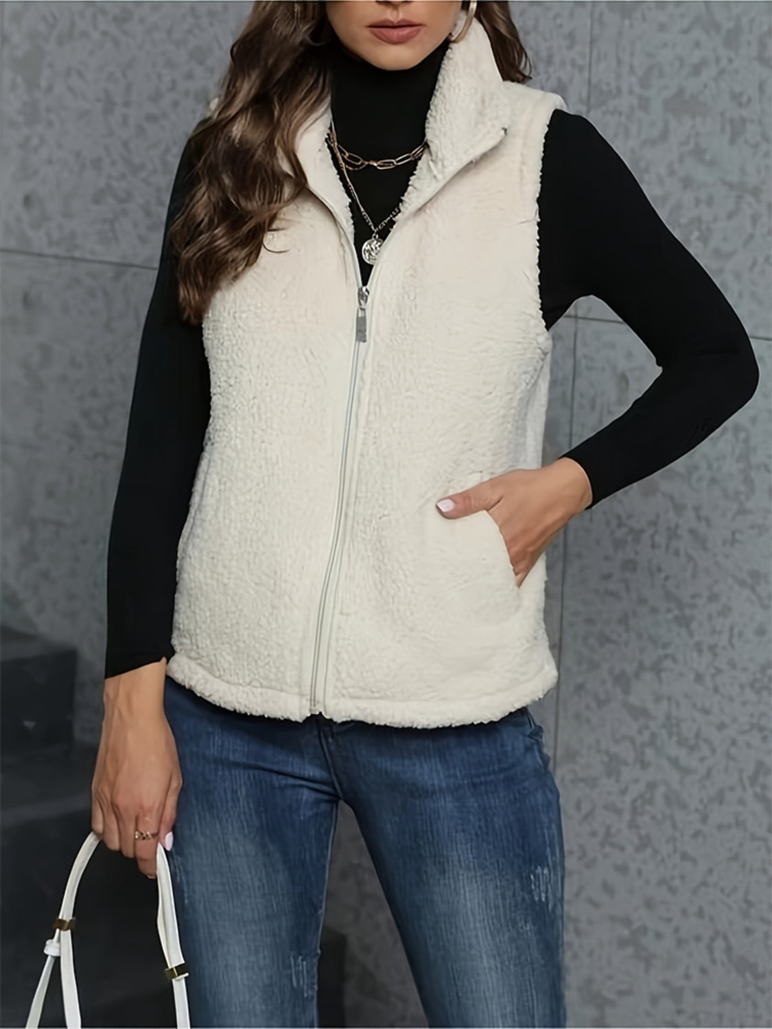 Zip Up Turtleneck Sherpa Vest Coat with Pockets - Chic Yana’s Fashion