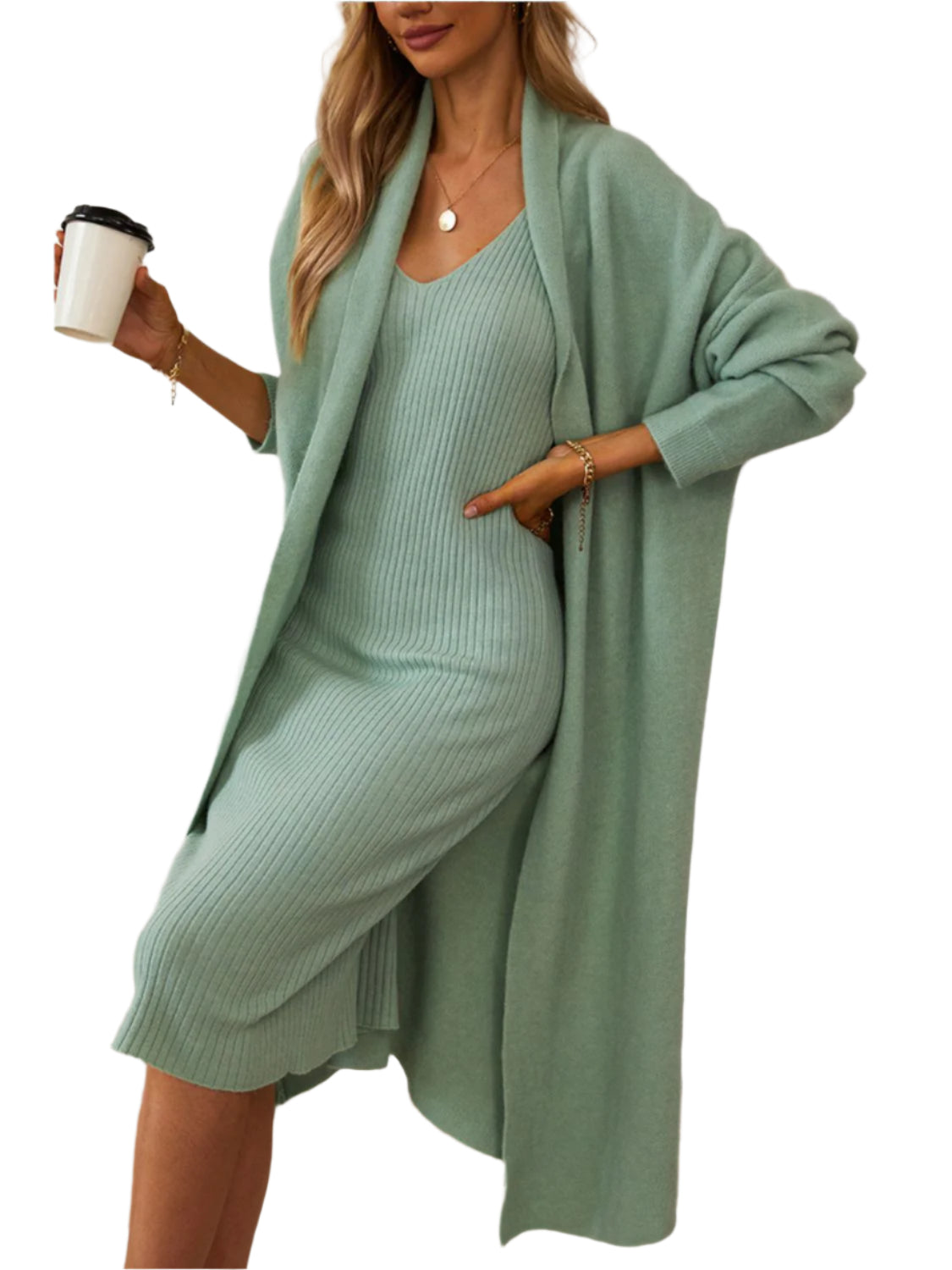 V-Neck Cami Dress and Open Front Cardigan Sweater Set - Shop Now at Chic Yana's Fashion