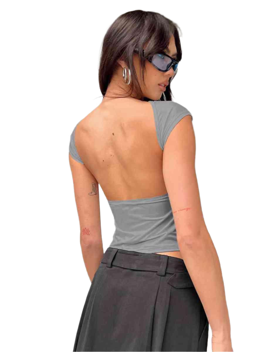 Backless Short Sleeve Cropped Blouse - Chic Yana's Fashion